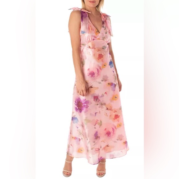 Maison Tara V Neck Pink Watercolor Floral Maxi Dress with Bow Straps size 6 $148 - Picture 7 of 16